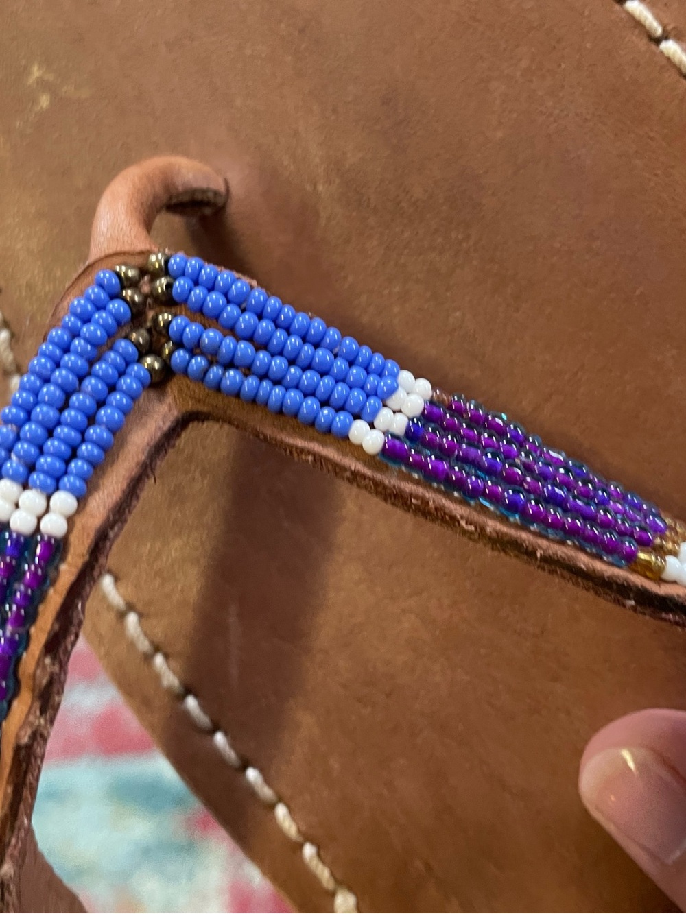 Aspiga HandBeaded Thong Sandals - 39 Blue, Purple, White, Bronze Bead Detail